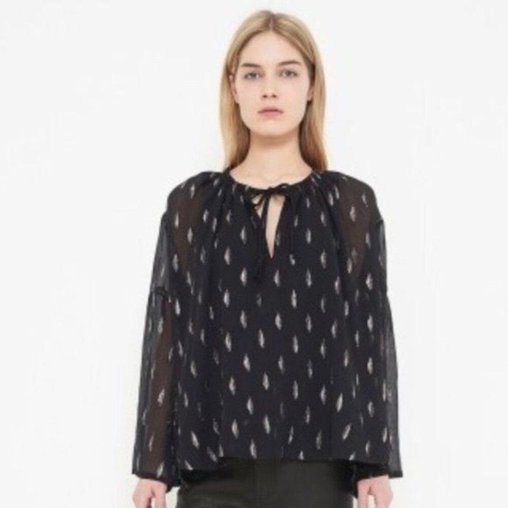 IRO Naomie Black Silk Flared Bell Sleeve Blouse With Metallic Thread - S - NEW!
